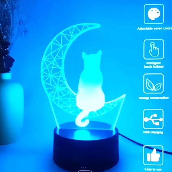THE CATTAGE - Beautiful Cat On Moon LED Night Light 7 Different Colours USB Carousel 2
