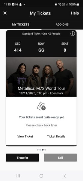 Metallica M72 World Tour Tickets (4) Auckland Carousel 2