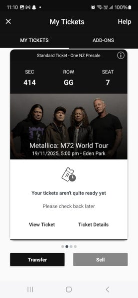 Metallica M72 World Tour Tickets (4) Auckland Carousel 1