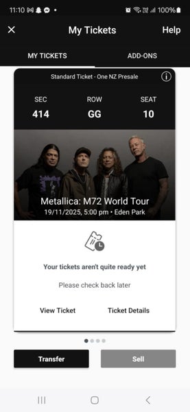 Metallica M72 World Tour Tickets (4) Auckland Carousel 4