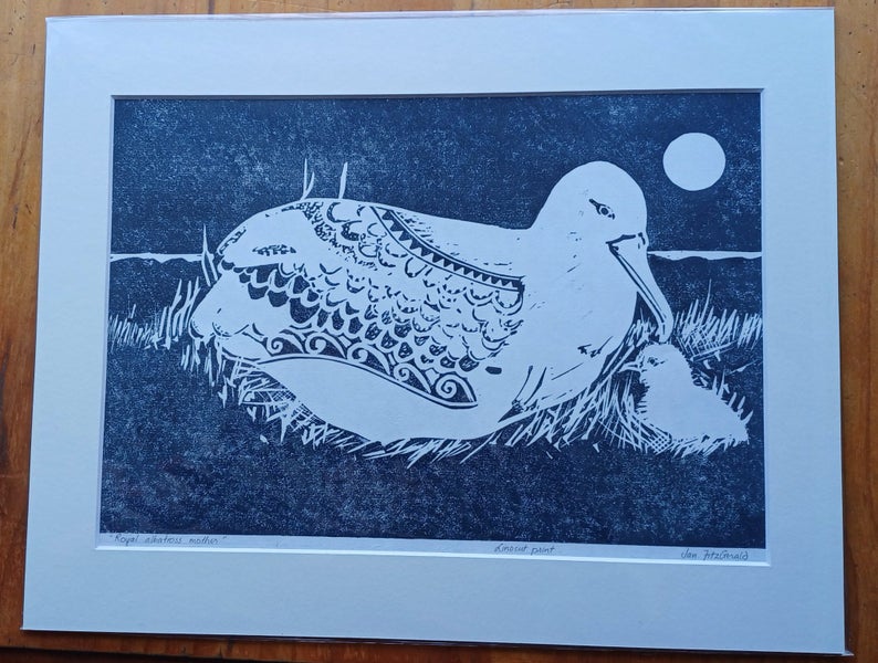 "Royal albatross mother" hand carved & printed lino print by Jan FitzGerald Carousel 1