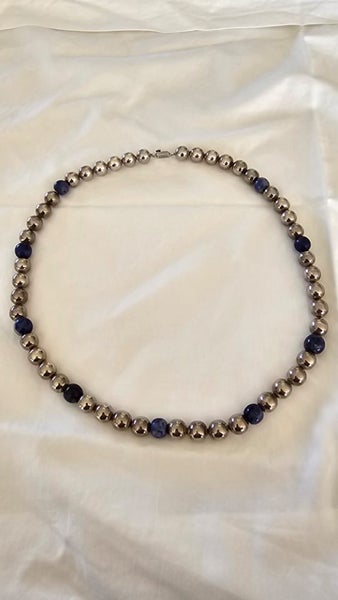 VINTAGE 925 Silver Ball & Lapis Lazuli Necklace Carousel 1