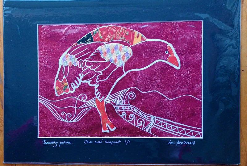 Travelling pukeko - Chine collé lino print - by Jan FitzGerald Carousel 1