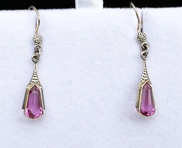 18ct Solid Gold Rubellite Tourmaline Art Nouveau Drop Prcd Earrings w/ Valuation Carousel 2