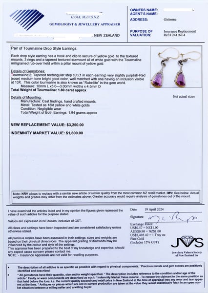 18ct Solid Gold Rubellite Tourmaline Art Nouveau Drop Prcd Earrings w/ Valuation Carousel 14