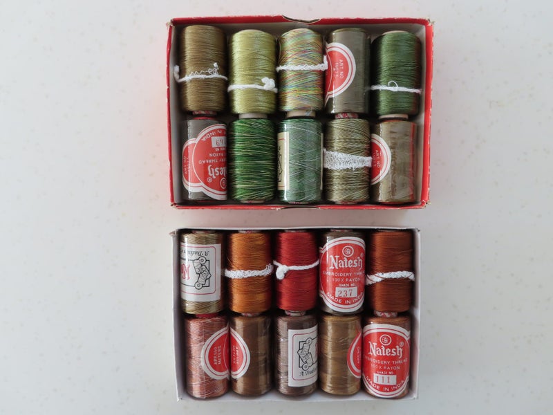 20 reels rayon embroidery threads, browns/greens Carousel 1