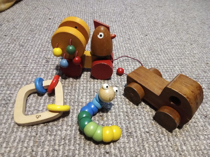 Vintage Wooden toys - pull along chicken - twisty caterpillar - wooden car etc Carousel 1