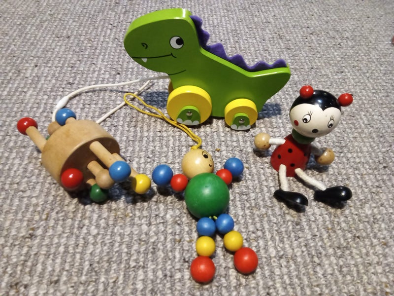 Vintage wooden toys - Pull along dinosaur - wooden teether - Lulu style doll etc Carousel 1