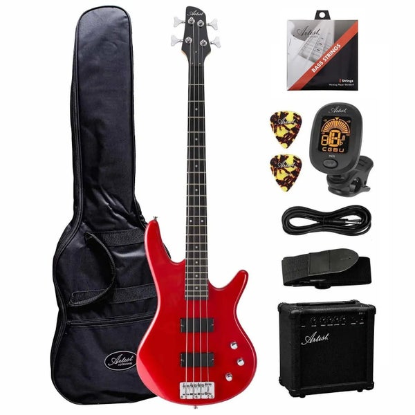 Artist ABA200 Red Bass Guitar w/ Accessories & Amp Carousel 1