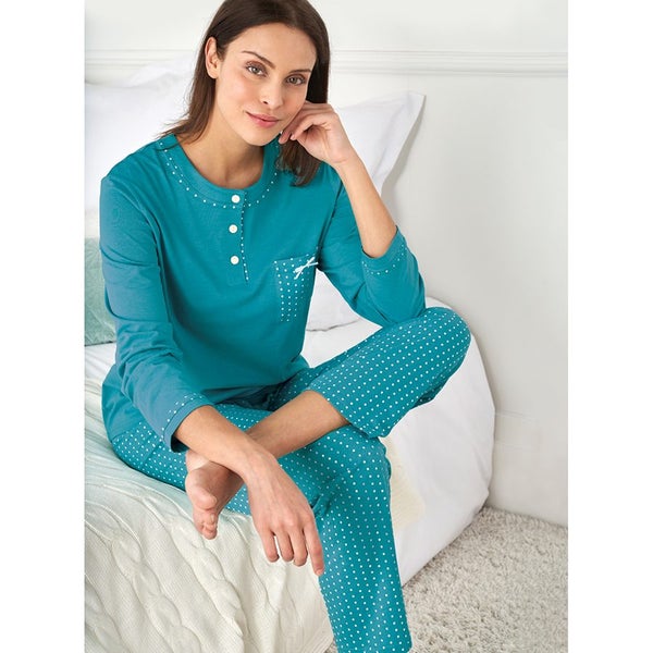 Cosy up in these Spot Jersey PJs - Size M (14-16) - Teal Carousel 1