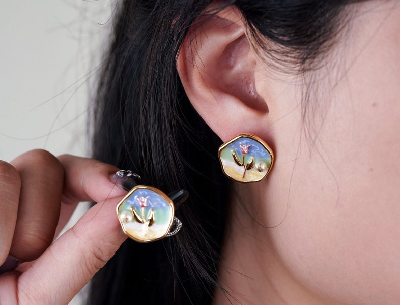 French Retro Hand-painted Enamel Pearl Gold Flower Earrings. Carousel 1