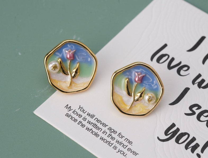 French Retro Hand-painted Enamel Pearl Gold Flower Earrings. Carousel 2
