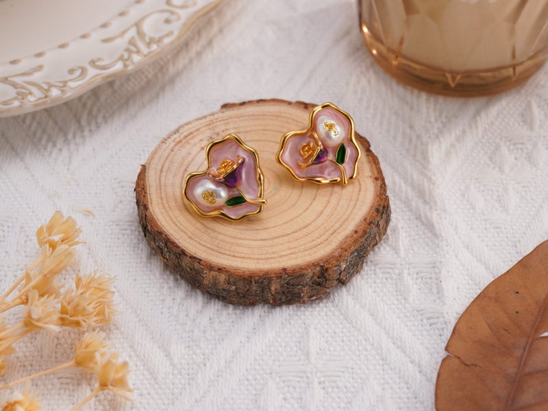 Hand-painted Enamel Flower Heart Earrings with Pearl Carousel 1