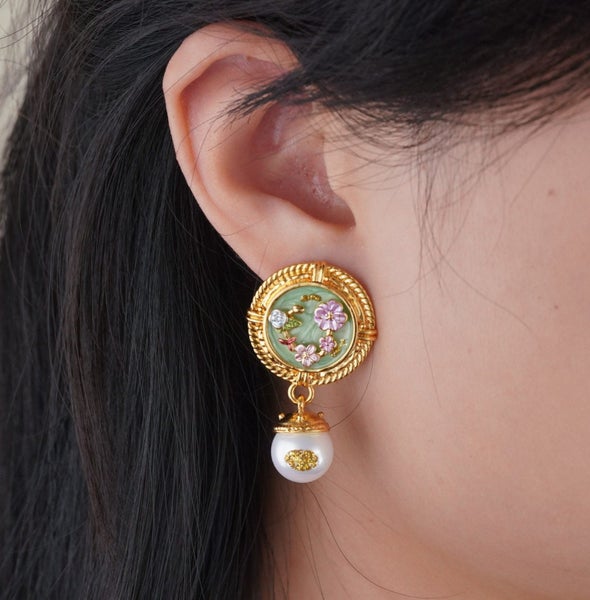 Hand-painted Enamel Monet Garden Pearl Earrings. Unique Bridesmaid Gift Carousel 2