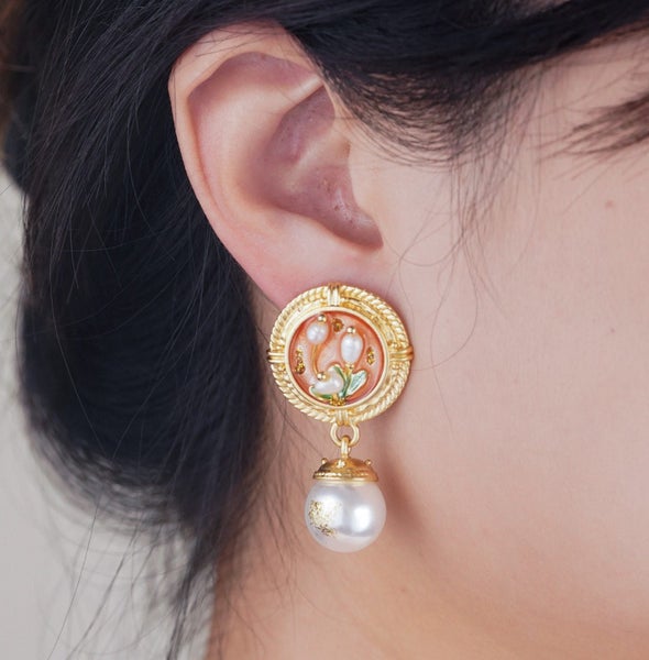 Hand-painted Enamel Monet Garden Pearl Earrings. Unique Bridesmaid Gift Carousel 1