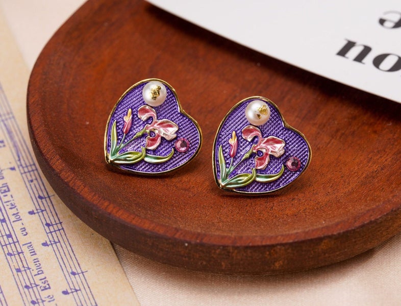 Vintage Hand-painted Enamel Flower Stud Earrings. Floral Jewelry for her Carousel 1