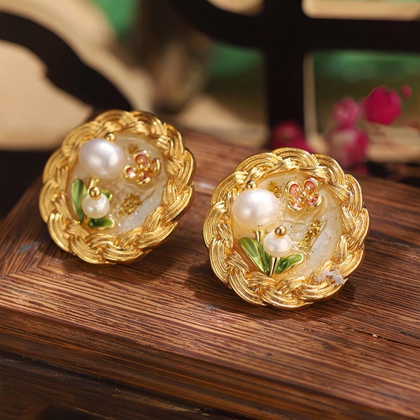 Baroque Floral Pearl Earrings. Oil Painting Flower Earrings Carousel 1