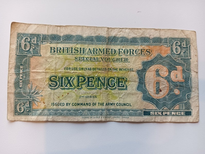 1948 British Armed force Banknote/voucher: 6 pence. 2nd series Carousel 1