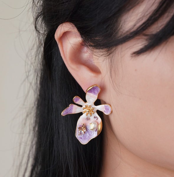 Handcrafted Enamel Flower Pearl Earrings with Diamond Butterfly. Bridal Earring Carousel 1