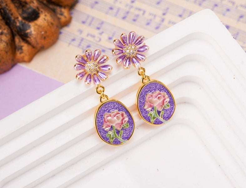 Vintage Enamel Purple Flower Drop Earrings. Handmade Boho Dangly Earrings Carousel 2