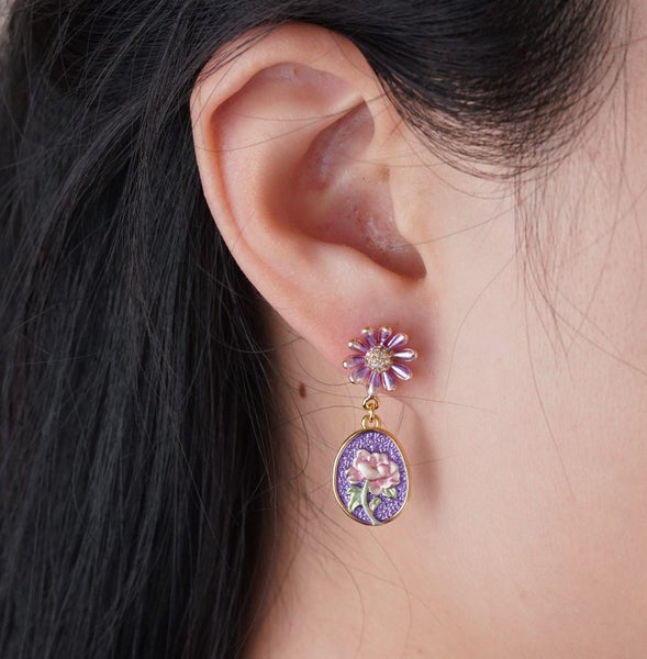 Vintage Enamel Purple Flower Drop Earrings. Handmade Boho Dangly Earrings Carousel 1