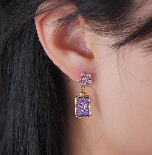 Enamel Purple Flower Butterfly Earrings. Garden Theme Jewelry for Spring Gifts Carousel 1