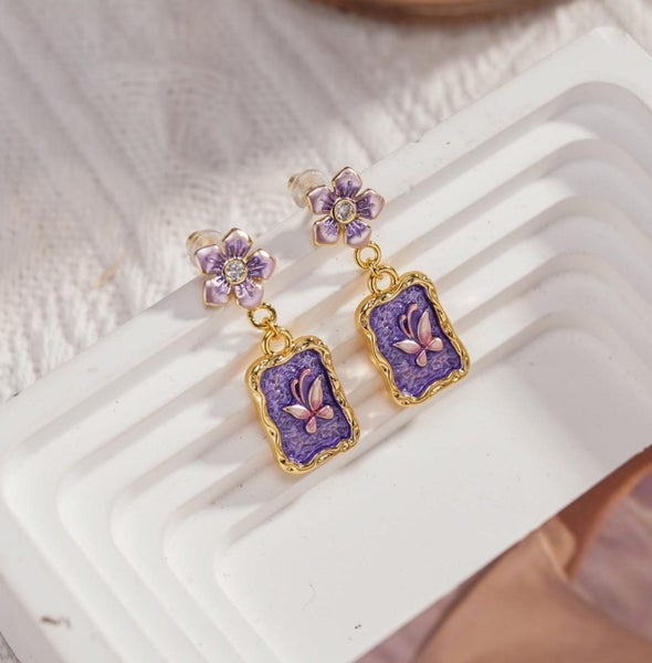 Enamel Purple Flower Butterfly Earrings. Garden Theme Jewelry for Spring Gifts Carousel 2
