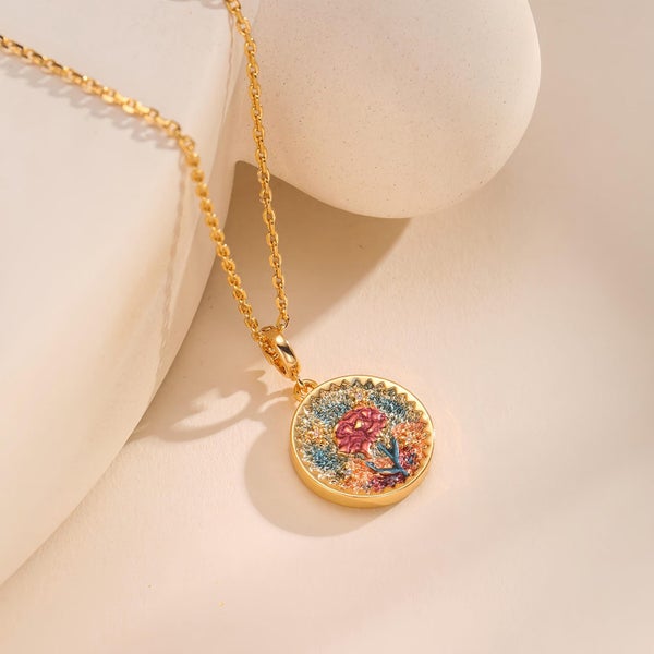 Gold Enamel Floral Charm Pendant Necklace. Vintage Flower Necklace Carousel 2