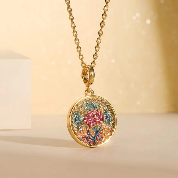 Gold Enamel Floral Charm Pendant Necklace. Vintage Flower Necklace Carousel 1