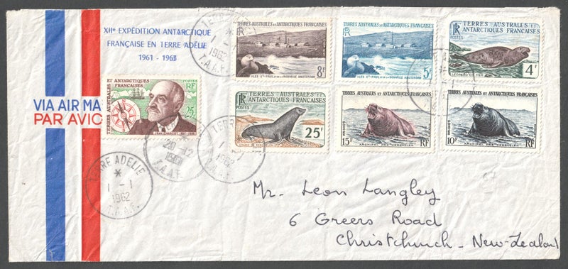 1962 FRENCH SOUTHERN & ANTARCTIC TERRITORY COVER TO N.Z. SCIENTIST *** RARE*** Carousel 1
