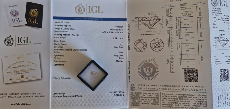 $1 RES * Valuation $8,852.00 * 1.09ct Round Large White Diamond Loose IGL CERT Carousel 2