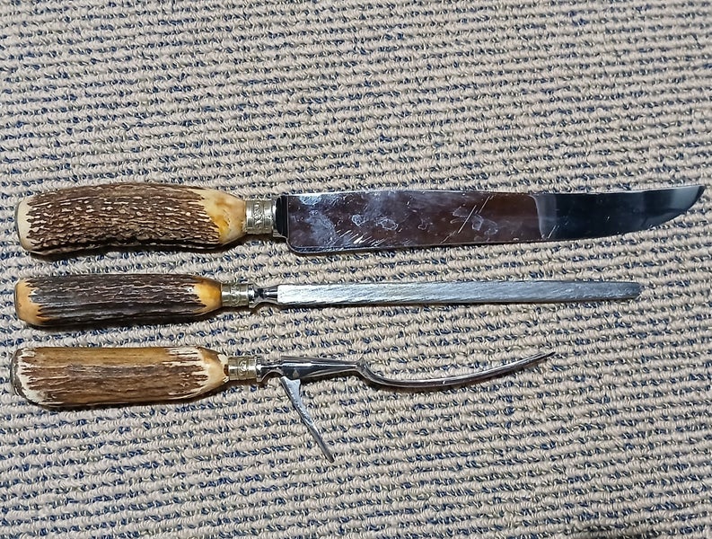 KITCHEN CARVING KNIFE SET (Deer Antler Handles) Made England Carousel 2