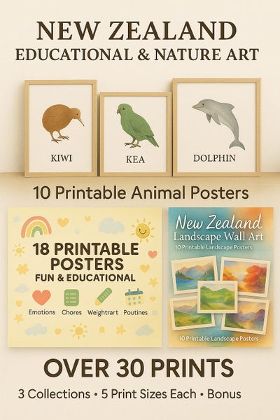 NZ Wall Art Mega Pack – 38 Printable Posters (Kids, Animals, Nature) Carousel 2