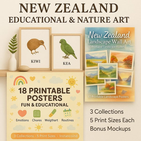 NZ Wall Art Mega Pack – 38 Printable Posters (Kids, Animals, Nature) Carousel 1