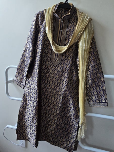 Mens Embossed Sherwani, pants & scarf - Indian Wedding clothing Carousel 2