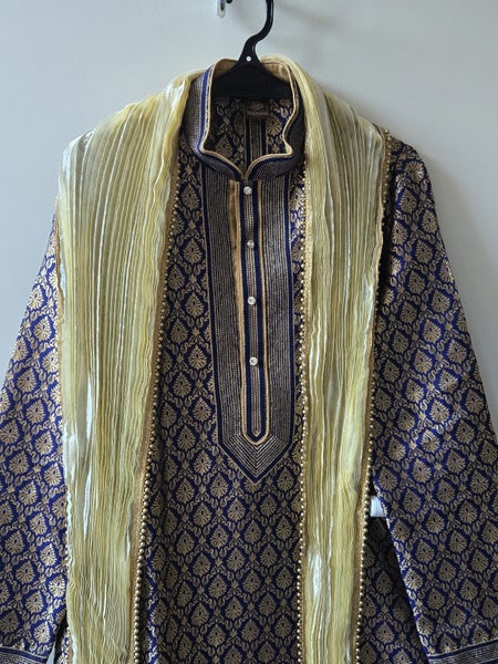Mens Embossed Sherwani, pants & scarf - Indian Wedding clothing Carousel 1