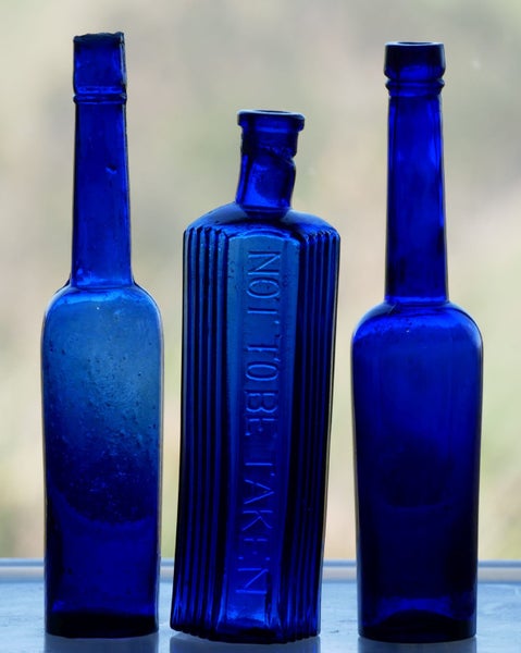 Three Lovely Antique Deep Cobalt Blue Bottles (c1900) - Caster Oils & A Poison Carousel 1