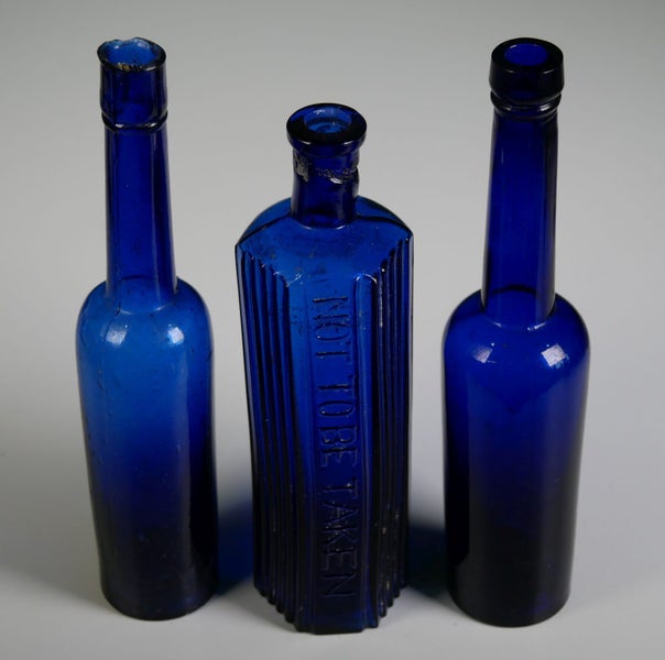 Three Lovely Antique Deep Cobalt Blue Bottles (c1900) - Caster Oils & A Poison Carousel 2