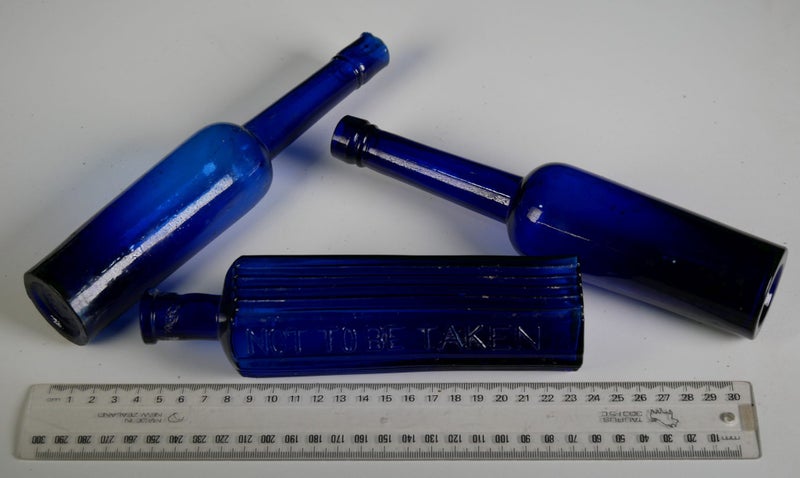 Three Lovely Antique Deep Cobalt Blue Bottles (c1900) - Caster Oils & A Poison Carousel 4