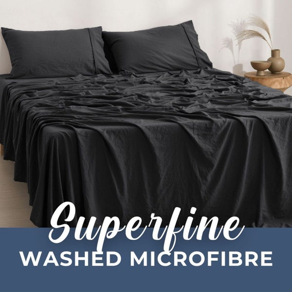Dreamaker Superfine Washed Microfibre Sheet Set Black King Bed Carousel 2