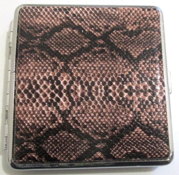 'Snakeskin' covered metal cigarette tin, brown Carousel 1