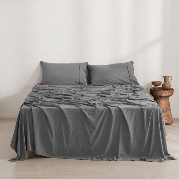 Dreamaker Superfine Washed Microfibre Sheet Set Charcoal Double Bed Carousel 1