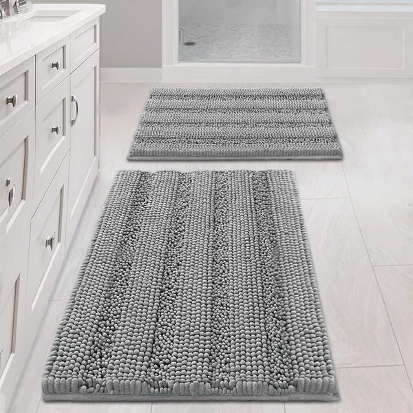 COMFEYA 2pcs Non Slip Shaggy Chenille Bathroom Mat Set - Grey Carousel 1