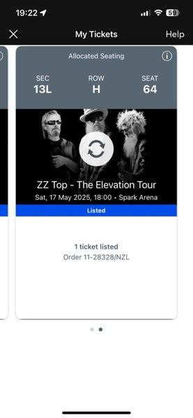 2x ZZ Top Auckland Premium Front Row Tickets - Sat. 17th May Carousel 2