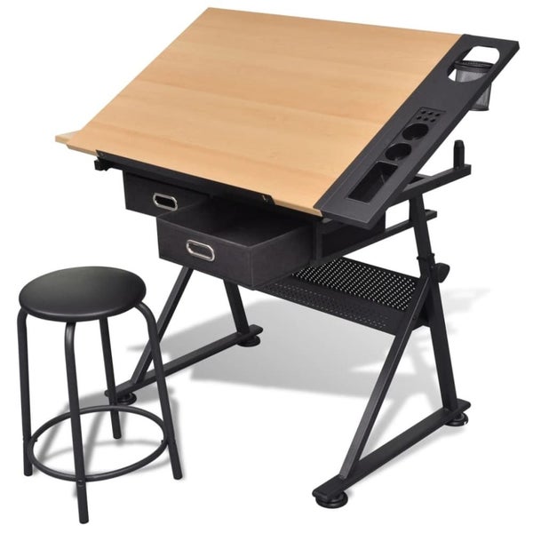 Two Drawers Tiltable Tabletop Drawing Table with Stool Xbbni64171356572801110
