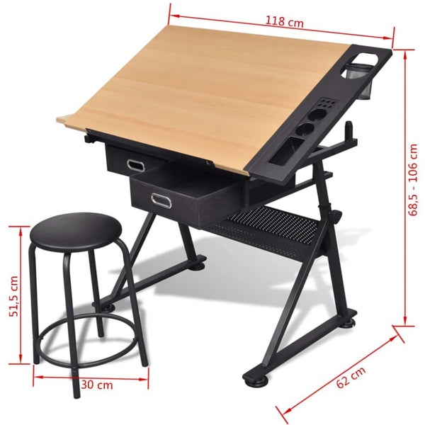 Two Drawers Tiltable Tabletop Drawing Table with Stool Xbbni64171356572801111