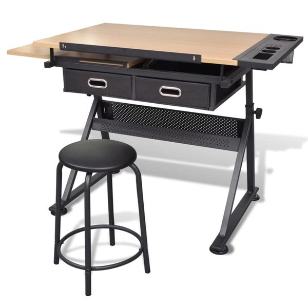 Two Drawers Tiltable Tabletop Drawing Table with Stool Xbbni64171356572801113