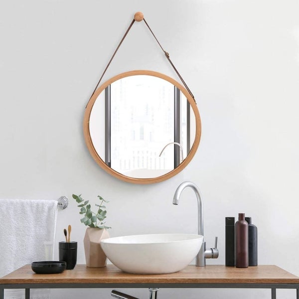 Hanging Round Wall Mirror 45 Cm - Solid Bamboo Frame and Adjustable Leather S...63039328390530112
