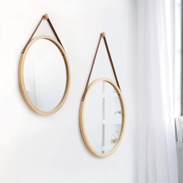 Hanging Round Wall Mirror 45 Cm - Solid Bamboo Frame and Adjustable Leather S...63039328390530114