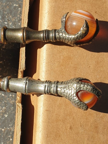 Antique Claw Footed Agate Marble Ball handled Button Hook / Shoe Horn Set Carousel 1